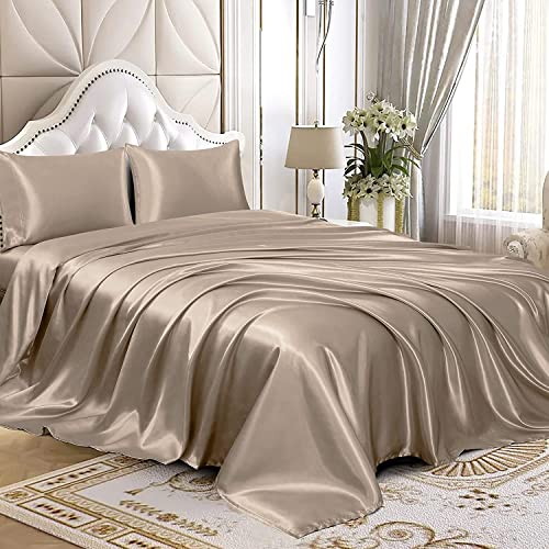 Homiest 3pcs Satin Sheets Set Luxury Silky Satin Bedding Set with Deep Pocket, 1 Fitted Sheet + 1 Flat Sheet + 1 Pillowcase (Twin XL Size, Taupe) - color: Taupe, size: Deep pocket - Twin XL size