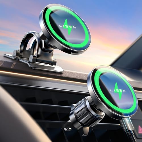 LISEN for 15W MagSafe Car Mount Charger, Magnetic Wireless Car Charger, Dashboard & Air Vent Magnetic Phone Holder for Your Car Phone Holder, Jeep Ford F150 Accessories for iPhone 17-12,Samsung, Pixel - color: Black Gray