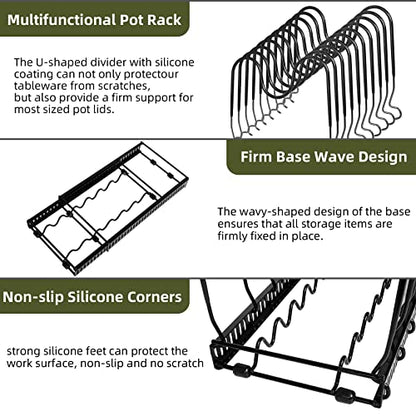 ROOHUA Pot Rack -Expandable Pan Organizer for Cabinet, Lid Holder with 10 Adjustable Compartment for Kitchen Cabinet Cookware Baking Frying Rack - color: Black