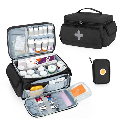 CURMIO Medicine Storage Bag Empty, Lockable Pill Bottle Organizer with Portable Zippered Pouches for First Aid Kits, Medicine Box for Home and Travel, Black (Patent Pending) - color: Black