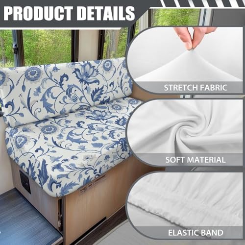 RV Dinette Cushion Covers, Stretchable Camper Cushion Covers Washable Blue Leaves Rv Sofa Slipcovers Furniture Protector with 1 Backrest Cover & 1 Bench Cover - color: Blue Leaves