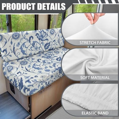 RV Dinette Cushion Covers, Stretchable Camper Cushion Covers Washable Blue Leaves Rv Sofa Slipcovers Furniture Protector with 1 Backrest Cover & 1 Bench Cover - color: Blue Leaves