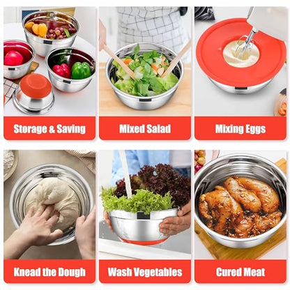 E-far Stainless Steel Mixing Bowls with Lids Set, 5-Piece Nesting Salad Bowls with 3 Grater Attachments and Non-Slip Bottoms, Size 4.6, 2.6, 2, 1.5, 1QT for Kitchen (Red) - color: Red, size: 5 Regular Sizes