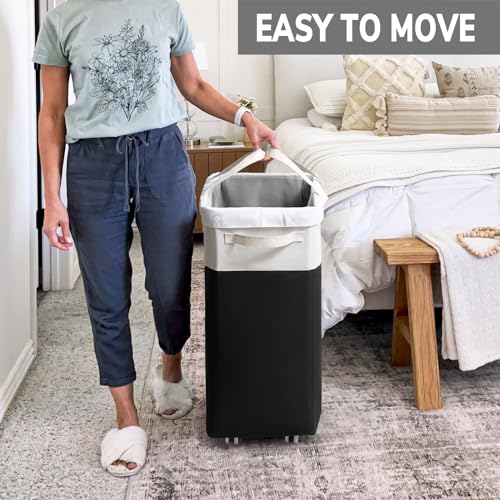 Goodpick Rolling Laundry Hamper with Wheels 75L, Black Laundry Hamper for Dirty Clothes, Collapsible Laundry Basket with Removable Wash, Black Laundry Basket with Wheels - color: Black & White