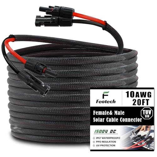 Twin Wire 20FT Solar Extension Cable - 10AWG (6mm²) Solar Panel Connector, with 4 Pairs-IP67-Male/Female Solar connectors for Outdoor Automotive RV Boat Marine Solar Panel- Black & Red - color: Black braided sleeve, size: 20Ft - 10AWG