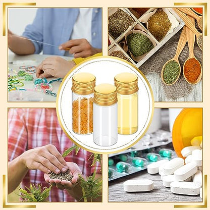 Didaey 100 Pcs Small Clear Vials Spice Mini Jars with Lids Mini Glass Bottles with Screw Aluminum Metal Caps Tiny Jars Sample Containers for Powder Cream Cosmetic Jewelry Wedding (10 ml,Gold Caps) - color: Gold Caps, size: 10 ml