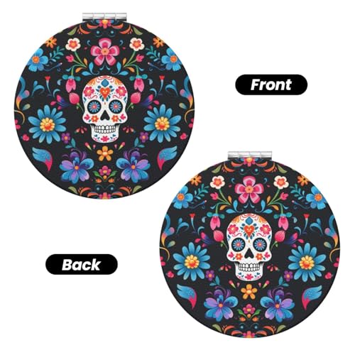 Mexican Sugar Skulls Flowers Print Foldable Travel Pocket Mirror Round PU Leather Portable Mini Makeup Double Sided Handheld Magnifying,2.6 in - color: Mexican Sugar Skulls Flowers