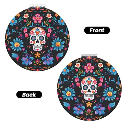 Mexican Sugar Skulls Flowers Print Foldable Travel Pocket Mirror Round PU Leather Portable Mini Makeup Double Sided Handheld Magnifying,2.6 in - color: Mexican Sugar Skulls Flowers