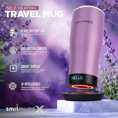 SMRTMUGG X Heated Coffee Mug 19 oz., 8 Hour Battery Life, Self-Heating, Adjustable Temp Controlled, LCD Screen, Includes Cover with Magnetic Slider (Black) (Lilac) - color: Lilac