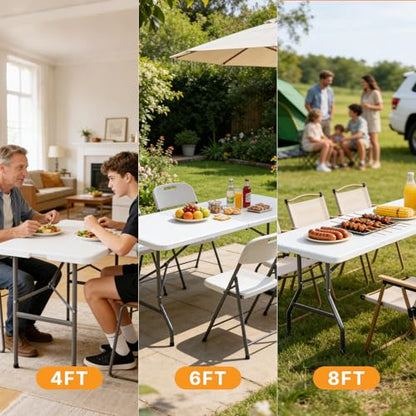 4 Feet Folding Picnic Table, Plastic Table with Carrying Handle, Heavy Duty Portable Table for Camping Party, White