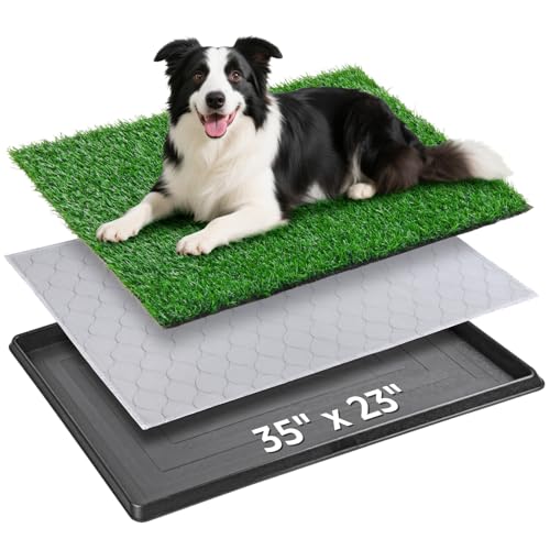 Portable Dog Grass Pad with Tray 35''x23'', Dog Litter Box with Artificial Grass Patch & Washable Reusable Pee Pad for Puppy PottyTraining, Pet Loo Indoor Outdoor Use for Balcony Patio Apartment - size: 35"x23"（3 Layer Potty System)