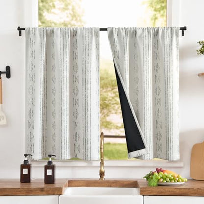 jinchan 95% Blackout Boho Kitchen Curtains 24 Inches Cafe Tier Curtains Bohemian Small Drapes for Bedroom RV Basement Half Window Room Darkening Thermal Insulated 2 Panels Geen on Beige - color: 95% Blackout | Green on Beige, size: 25"W x 24"L (Pack of 2)