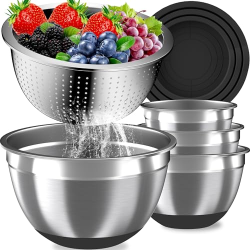 Mixing Bowls with Airtight Lids Set, 4 Stainless Steel Bowls Nesting Bowls & Colander, Kitchen Organizers and Storage Non-Slip Bottom, Size 1.5/2.0/2.5/4.5QT, Great for Mixing & Serving, Black - color: Black