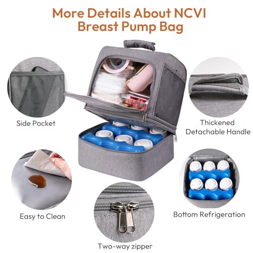 NCVI Breast Pump Bag, Double Layer Removable Pump Bag for Spectra S1, S2, Medela, Breast Pump Backpack with Ice Pack, Insulated Breast Milk Cooler Bag for Working Nursing Moms, Grey - color: Dark Grey