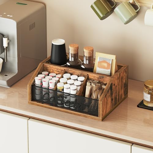 YATINEY Coffee Pod Organizer, Wooden Coffee Bar Organizer for Countertop, Versatile Pod Holder with Dividers, Holds Syrup, Cups, Tea Bags, Easy Assembly, Rustic Brown KH11BR - color: Rustic Brown + Black