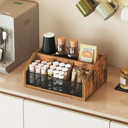 YATINEY Coffee Pod Organizer, Wooden Coffee Bar Organizer for Countertop, Versatile Pod Holder with Dividers, Holds Syrup, Cups, Tea Bags, Easy Assembly, Rustic Brown KH11BR - color: Rustic Brown + Black