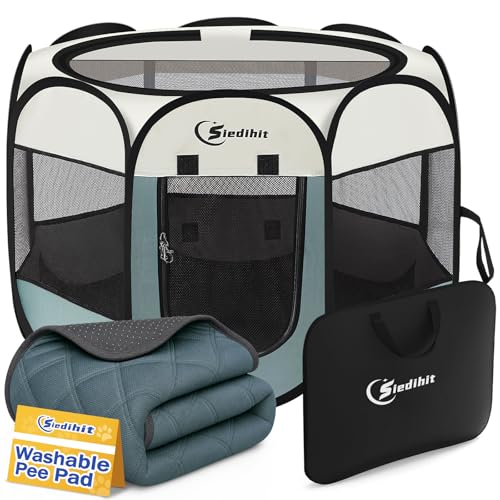 Siedihit Medium Dog Cat Playpen, Puppy Pet Playpen Indoor for Dog Crate Tent Cage Outdoor, Portable Pop Up Dogs Enclosure Kennel with Carrying Case for Dogs/Cats/Rabbits (Grey with Pad, Medium) - color: Grey with Pad