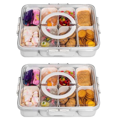 WACOI Divided Snack Serving Tray with Lid and Handle Travel Snackle Charcuterie Container Portable Storage Organizer for Candy, Fruits, Nuts, Snacks, Party, Picnic 2 Packs White - color: White, size: 2 Packs-8 Compartments
