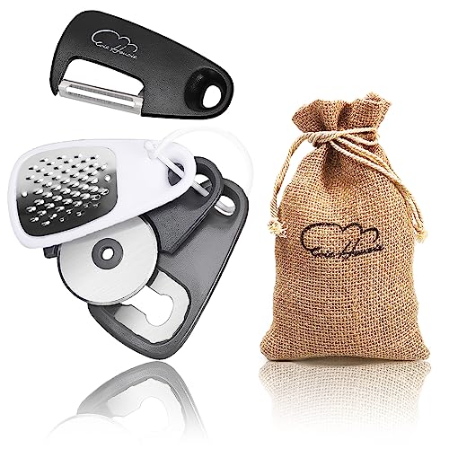 5 Pieces Kitchen Gadgets Set - Space Saving Cooking Tools Accessories Cheese Chocolate Grater, Fruit Vegetable Peeler, Bottle Opener, Pizza Cutter, Burlap Bags with Drawstring Gift Set - color: Black White Gray 4pcs