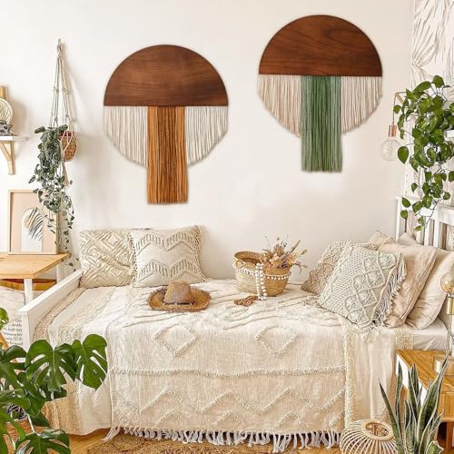 Suteng 2 Pcs Macrame Wall Hanging Bohemian Style Half-Circle Wooden Board Fringe Tapestry, Boho Decor Wall Tapestry Handmade Round Tassel for Living Room Bedroom Apartment Wall Art Headboard Decor