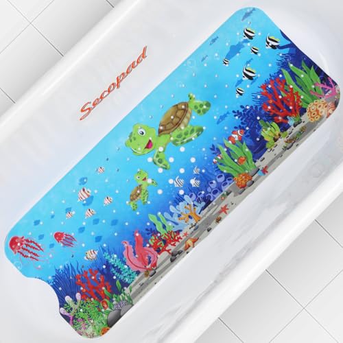 Secopad Bath Mat for Tub Non Slip, Machine Washable Anti-Slip Cartoon Baby Bathtub Shower Mat with Drain Holes and Suction Cups for Toddler & Kids (40 Inch x 16 Inch-Rectangular, Turtles) - color: Turtles, size: 40" x 16" (Rectangular)