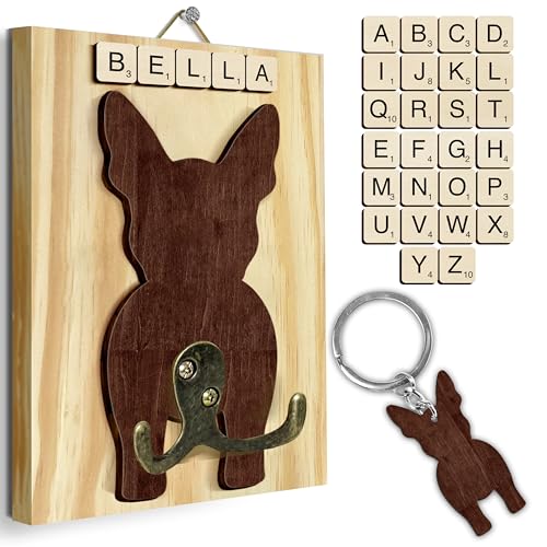 Boston Terrier Dog Leash Holder Wall Mount with Scrabble Letters, Wooden Dog Hook Organizer, Pet Collar and Harness Holder, Key and Leash Rack for Entryway, Gift for Pet Lovers, Home Decor PF297-15 - color: Boston Terrier, size: 7.8″ x 5.5"