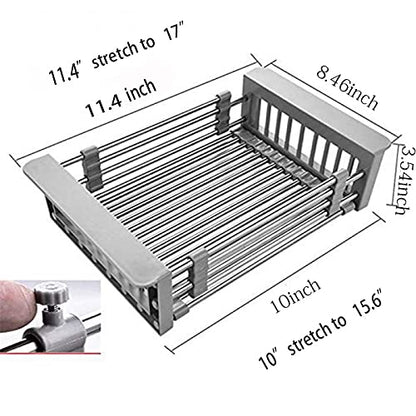 CARNAVAL Stainless Steel Kitchen Drying Rack, Retractable Drain Basket with Adjustable Armrest, Over The Sink Dish Drying Rack
