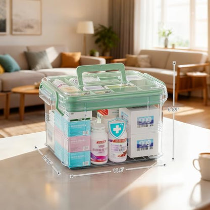 15QT Clear Medicine Storage Box with Comfort Handle and Compartments, Medicine Box Organizer Storage for Safe and Tidy Medication, First Aid, and Personal Care Item Organization