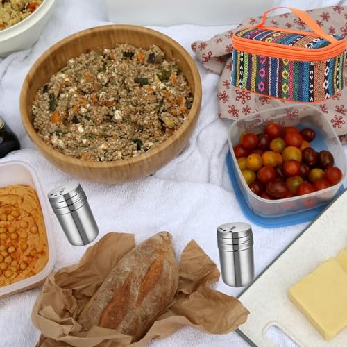 Camping Spice Kit, Salt and Pepper Shakers with Travel Bag, 6 Pc | Stainless Steel Containers with Pour Lids and Labels Organize Sugar, Herbs and Seasonings for Hiking, BBQ, RVing and Picnics - color: Orange