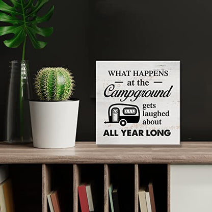 What Happens at the Campground Gets Laughed About Camping Sign Canvas Wall Art Home Decor 8 x 8 Inch RV Camper Canvas Print Painting Framed Plaque Rustic Desk Shelf Artwork