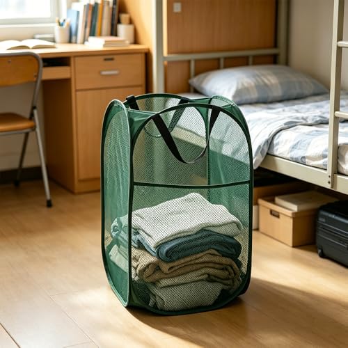 Larpur Pop Up Laundry Hamper Collapsible Laundry Basket, Portable Mesh Clothes Hamper, Dark Green - color: Dark Green