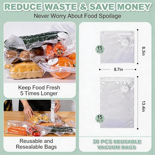 Handheld Vacuum Sealer for Food Storage – Portable & Rechargeable, Easy One-Hand Automatic Operation, 1 Vacuum Sealer + 30 Food Reusable Bags