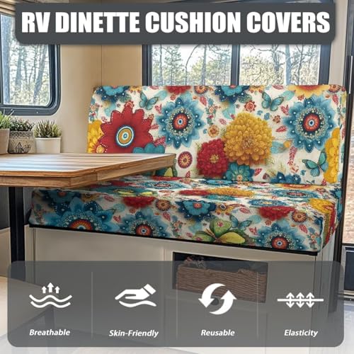Boho Flowers RV Dinette Cushions Covers RV Bench Furniture Protector Set with 1 Backrest Cover & 1 Bench Cover, Washable - color: Boho Flowers