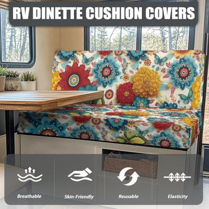 Boho Flowers RV Dinette Cushions Covers RV Bench Furniture Protector Set with 1 Backrest Cover & 1 Bench Cover, Washable - color: Boho Flowers