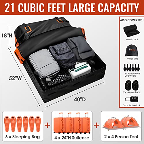 Car Rooftop Cargo Carrier Bag, 21 Cubic Feet 100% Waterproof Heavy Duty 840D Car Roof Bag for All Vehicle with/Without Racks - Anti-Slip Mat, 6 Door Hooks, Storage Bags, 2 Extra Straps, Luggage Lock - size: Black-21 Cubic Feet