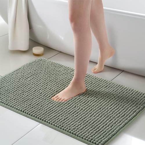 FRESHMINT Thick Chunky Chenille Bathroom Rugs 24"x36", Non Slip Bath Mat, Large Soft Bathroom Decor, Cute Shower Mat Water Absorbent, Washable, Sage Green - color: Sage Green, size: 36" x 24"
