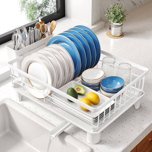 SNTD Dish Drying Rack - Small Dish Rack for Kitchen Counter, Stainless Steel Dish Drainer with Utensil Holder and Drainboard, 11" W x 15" L (White) - color: White, size: 11" W x 15" L