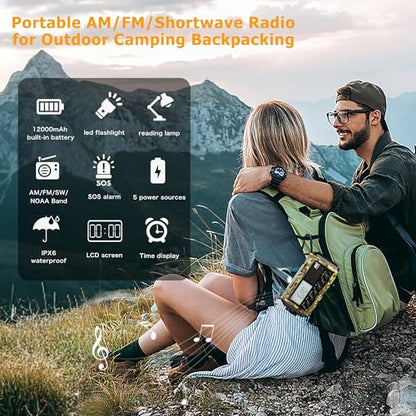 12000mAh/44400mWh Weather Radio, Hand Crank Emergency Radio Portable AM FM Shortwave, Solar Rechargeable Battery Powered Radio with NOAA Alert, USB-C Charger & Adapter, SOS Flashlight for Emergency - color: Camo Green