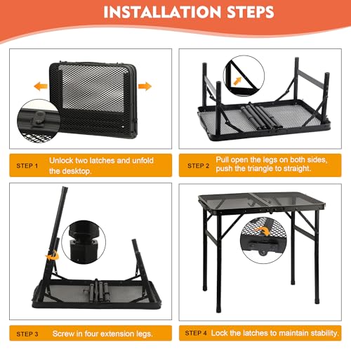 GREGIN Camping Table with Mesh Desktop, Lightweight & Portable Folding Grill Table, Height Adjustable Metal Outdoor Table for Camp, Cooking, BBQ, RV, Picnic-3 FT Black - size: M: 35.43"L x 23.62"W x 16.5"H/26"H