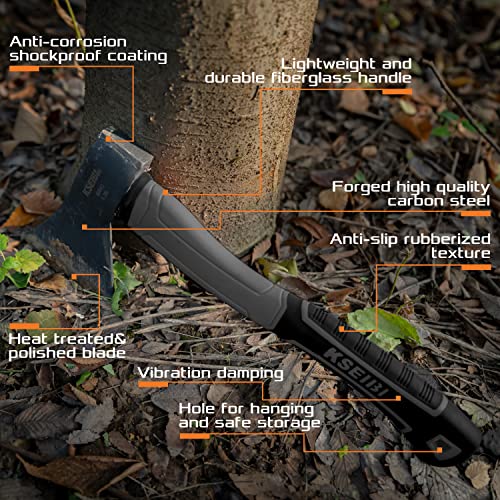 KSEIBI Wood Axe, 274151 Small Outdoor Camp Hatchet 14 Inch for Splitting and Kindling Wood, Forged Steel Blade with Anti-Slip and Shock Reduction Fiber Glasses Handle Great Throwing Axes and Hatchets - style: Black