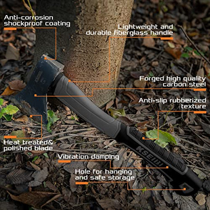 KSEIBI Wood Axe, 274151 Small Outdoor Camp Hatchet 14 Inch for Splitting and Kindling Wood, Forged Steel Blade with Anti-Slip and Shock Reduction Fiber Glasses Handle Great Throwing Axes and Hatchets - style: Black