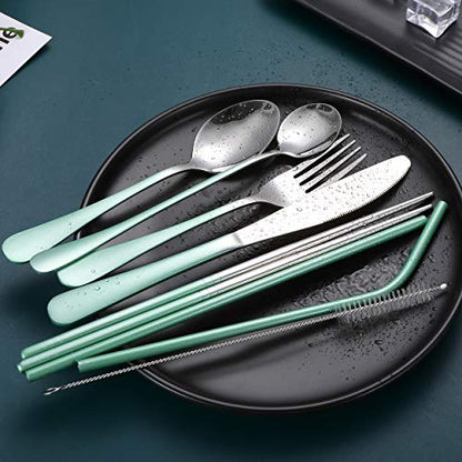 Travel Utensils,Reusable Silverware Set To Go Portable Cutlery Set with a Waterproof Carrying Case for Lunch Boxes Workplace Camping Picnic (GraGreen) - color: Gradient Green + TeaSpoon