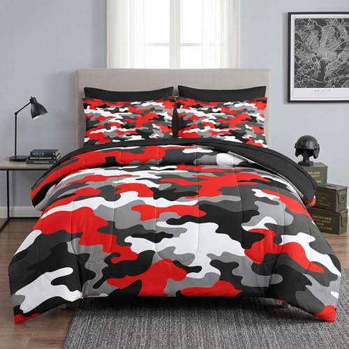 Nesker 5 Pcs Comforter Set Twin Size, Red Grey White Camo Bedding Set for Kids and Adults, Modern Camouflage Bed Sheet Sets with Fitted Sheet Pillowcase & Sham - color: Red Grey Camo, size: Twin