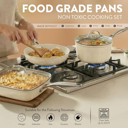 Gotham Steel Hammered 15 Pc Ceramic Cookware Set Nonstick, Pots and Pans Set Non Stick with Induction Cookware, Cooking Utensils & Steamer, Non Toxic PFOA PFOS Free, Oven & Dishwasher Safe - color: Hammered Cream
