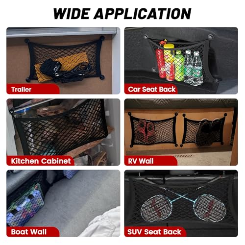 RED WOLF 2 Pcs Universal Elastic Mesh Netting Car Pouch for Trunk RV Boats Home Cargo Storage with Screws and Hooks (23.6'' x 9.8'') - size: 23.6'' x 9.8''