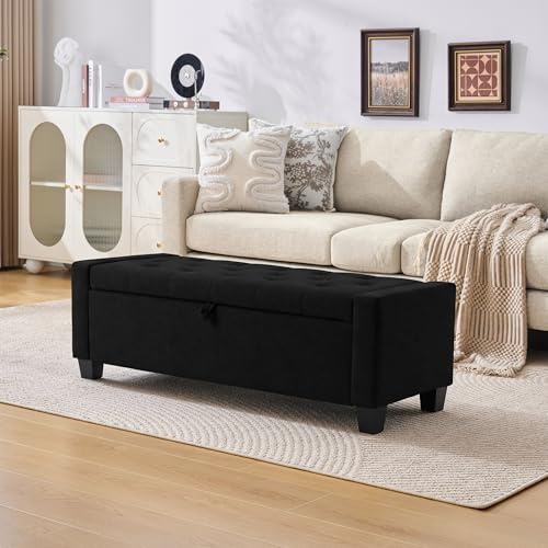 Huatean Home 43" Ottoman with Storage, Black Storage Ottoman Bench with Safety Hinge, Upholstered Entryway Bench with Seating for Bedroom, Living Room, Holds up to 330 lb - color: Black, size: 19.2"D x 43"W x 16.9"H