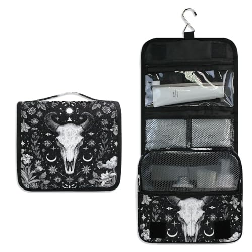 Flower Moon Cow Goat Skull Hanging Toiletry Makeup Bag Travel Toiletries Organizers Cosmetics Bags for Women Men - color: Cow Goat Skull
