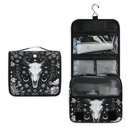 Flower Moon Cow Goat Skull Hanging Toiletry Makeup Bag Travel Toiletries Organizers Cosmetics Bags for Women Men - color: Cow Goat Skull
