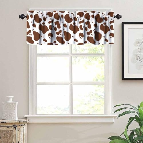 Cow Fur Print Valance, Abstract White Brown Cowhide Cute Animal Skin Short Blackout Window Treatments for Kitchen Kids Boys Girls Bedroom Living Room, 54x18inch - color: Cowhide-3