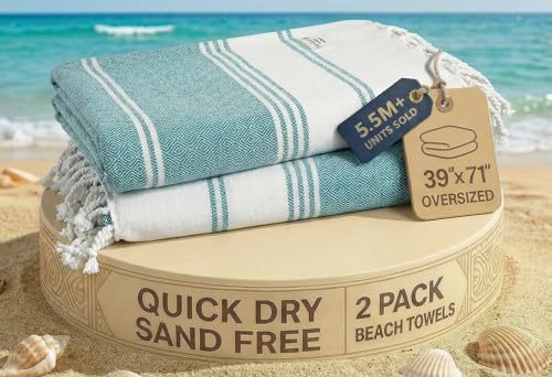 LANE LINEN Turkish Beach Towels, 2 Pack Extra Large Beach Towel, Pre-Washed for Soft Feel, Oversized Sand Free Quick-Dry Pool Towel, Beach Towels for Adults, 39"x71" - Baltic - color: 29: Baltic, size: Pack of 2